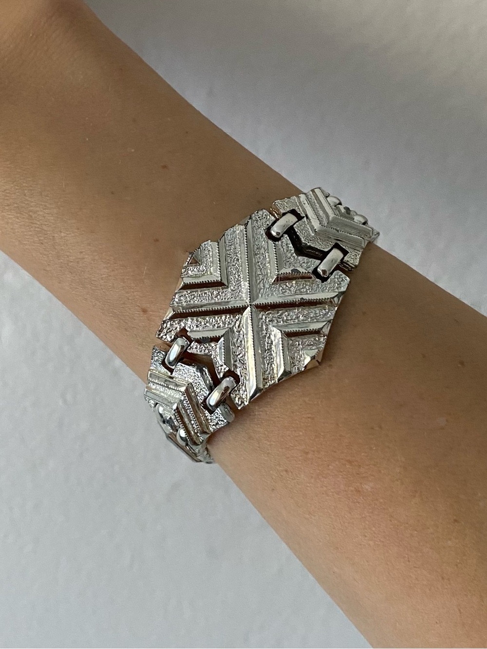 Vintage 50s Signed Sarah Coventry Art Deco Style Geometric Silver Tone Bracelet